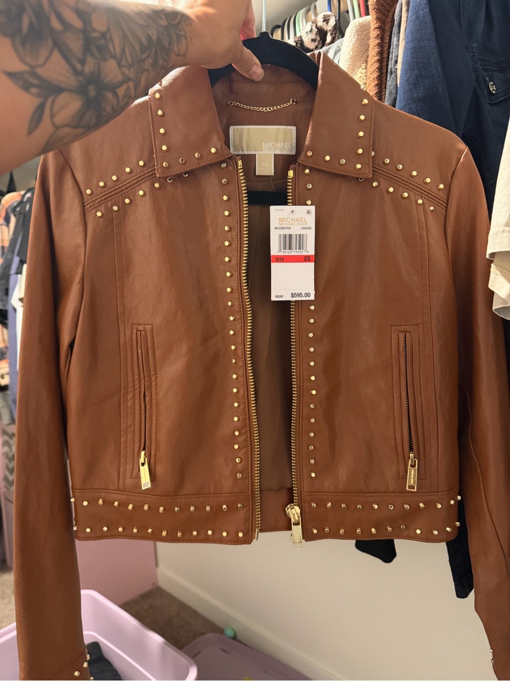 MICHAEL Michael Kors Cognac Studded Leather Jacket